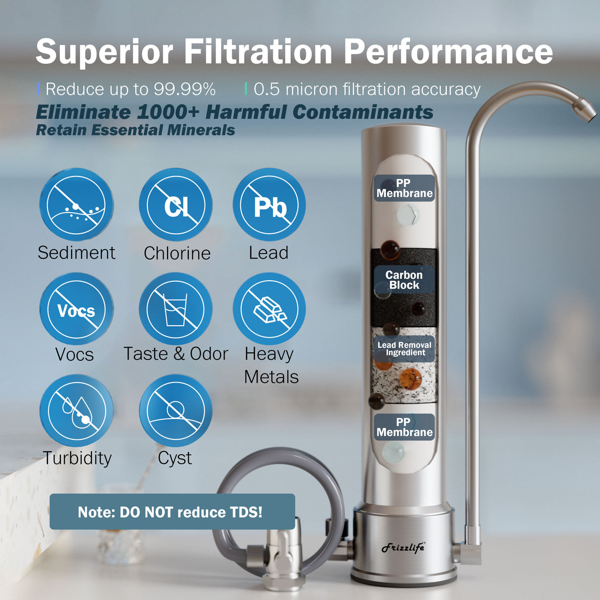 Frizzlife SS99 Countertop Water Filter System, Stainless Steel Faucet Water Filtration for 8000 Gallons, 0.5 Micron NSF Certified Elements Reduces 99.99% Lead, Chlorine, Heavy Metals, Bad Taste & Odor