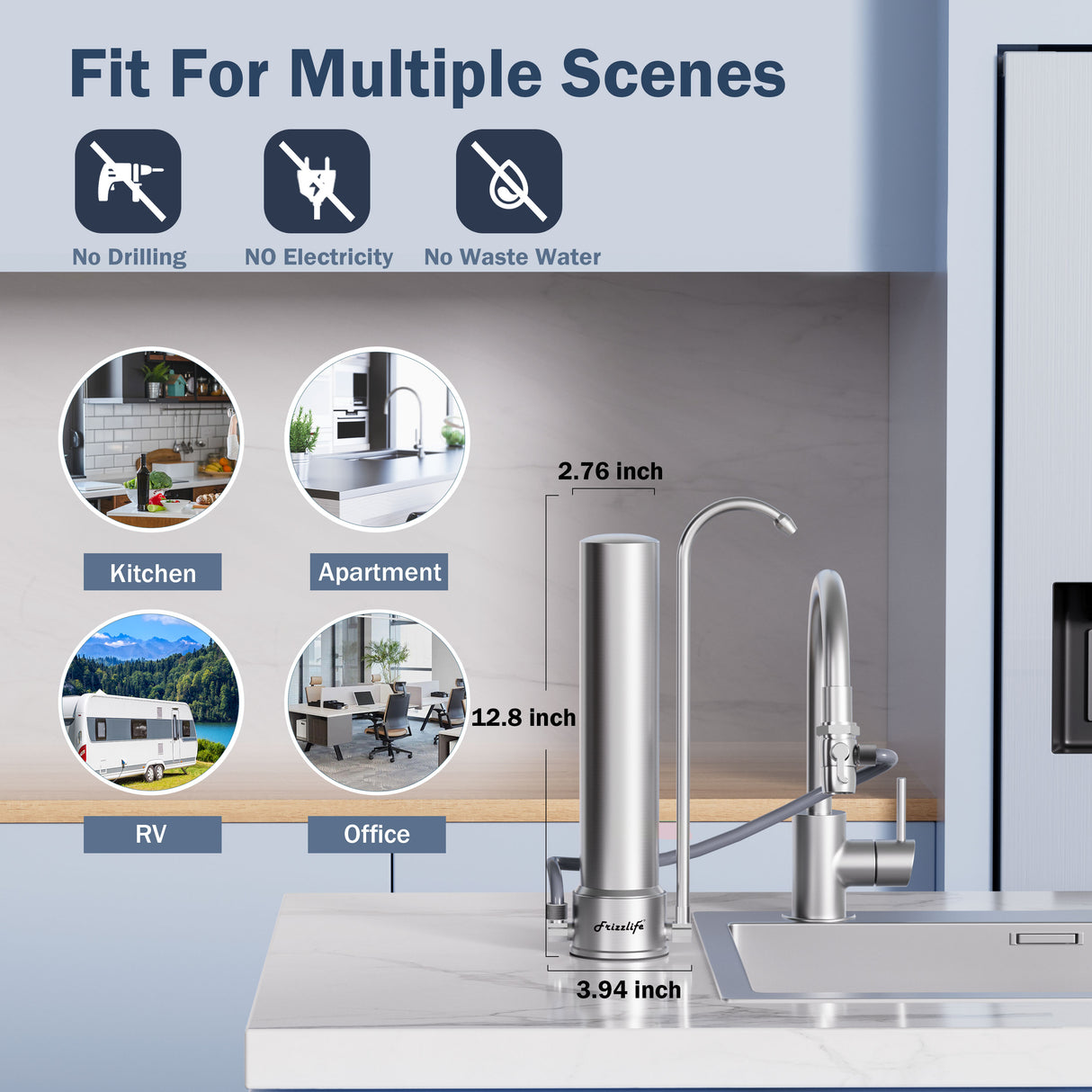 Frizzlife SS99 Countertop Water Filter System, Stainless Steel Faucet Water Filtration for 8000 Gallons, 0.5 Micron NSF Certified Elements Reduces 99.99% Lead, Chlorine, Heavy Metals, Bad Taste & Odor