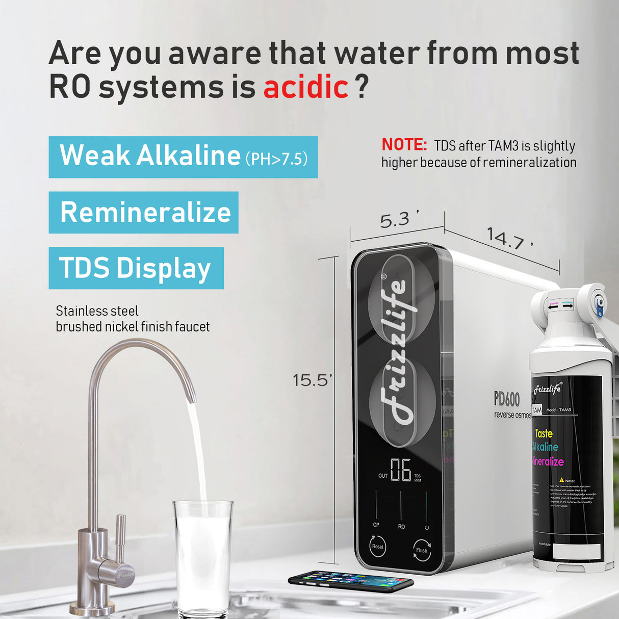 Frizzlife 600 GPD Tankless Reverse Osmosis Water System With Alkaline & Remineralization, PD600-TAM3