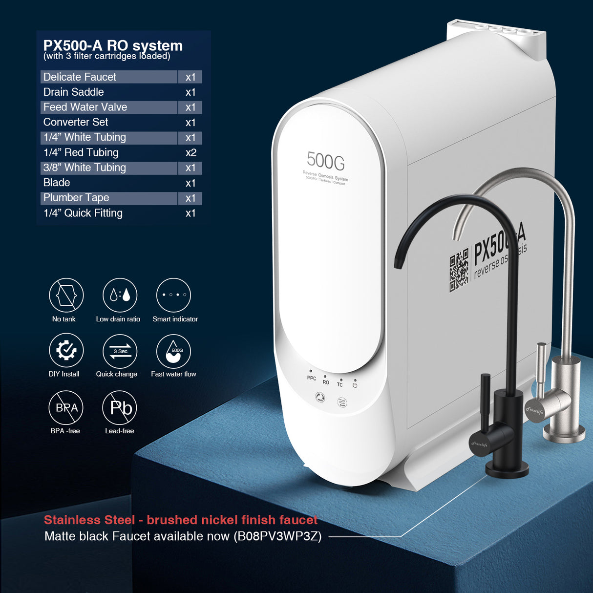 Frizzlife 500 GPD Tankloses Umkehrosmose-Wassersystem mit Alkali und Remineralisierung, PX500-A