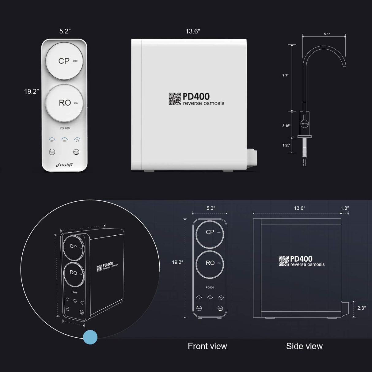 Système d'eau à osmose inverse sans réservoir Frizzlife 400 GPD, PD400 