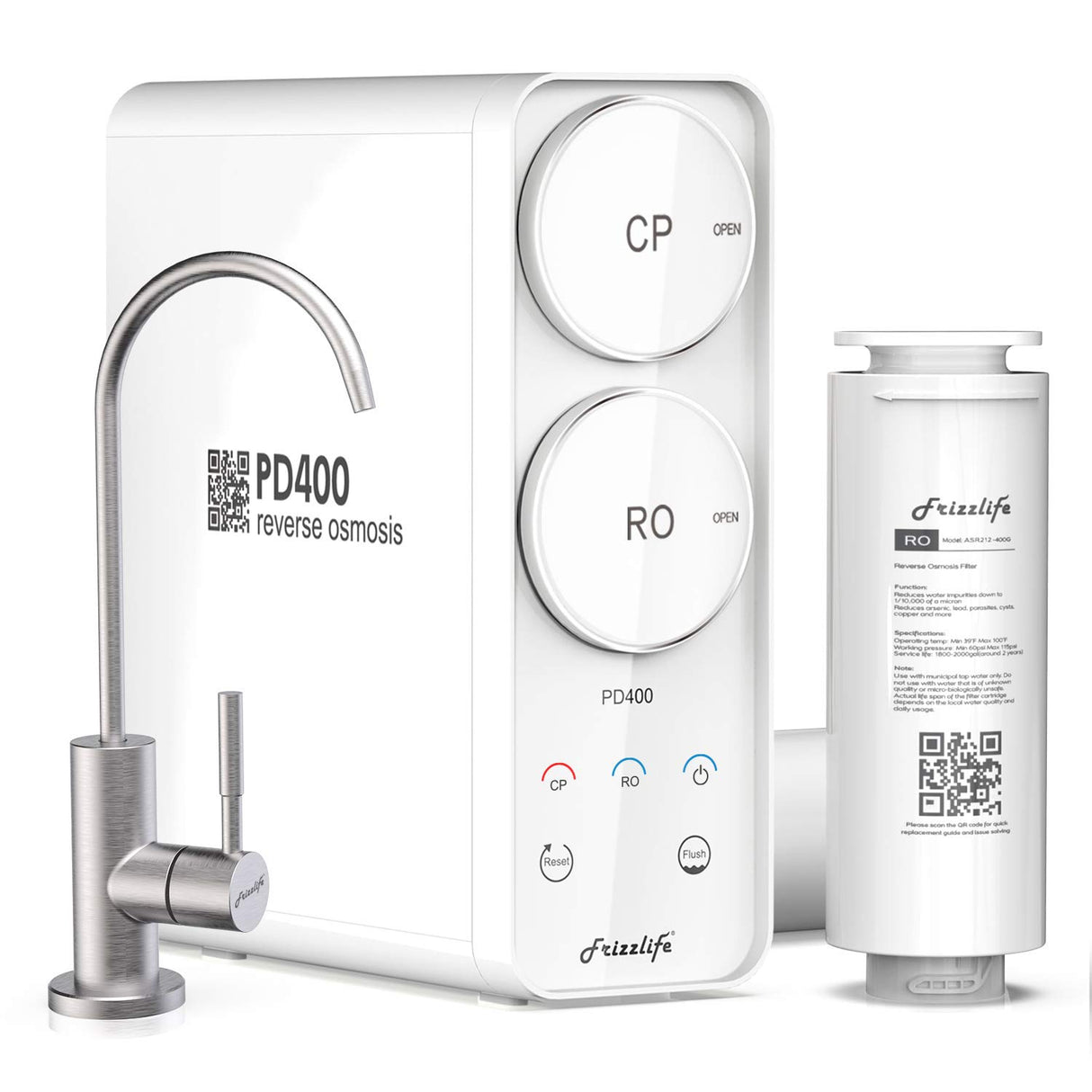 Système d'eau à osmose inverse sans réservoir Frizzlife 400 GPD, PD400 