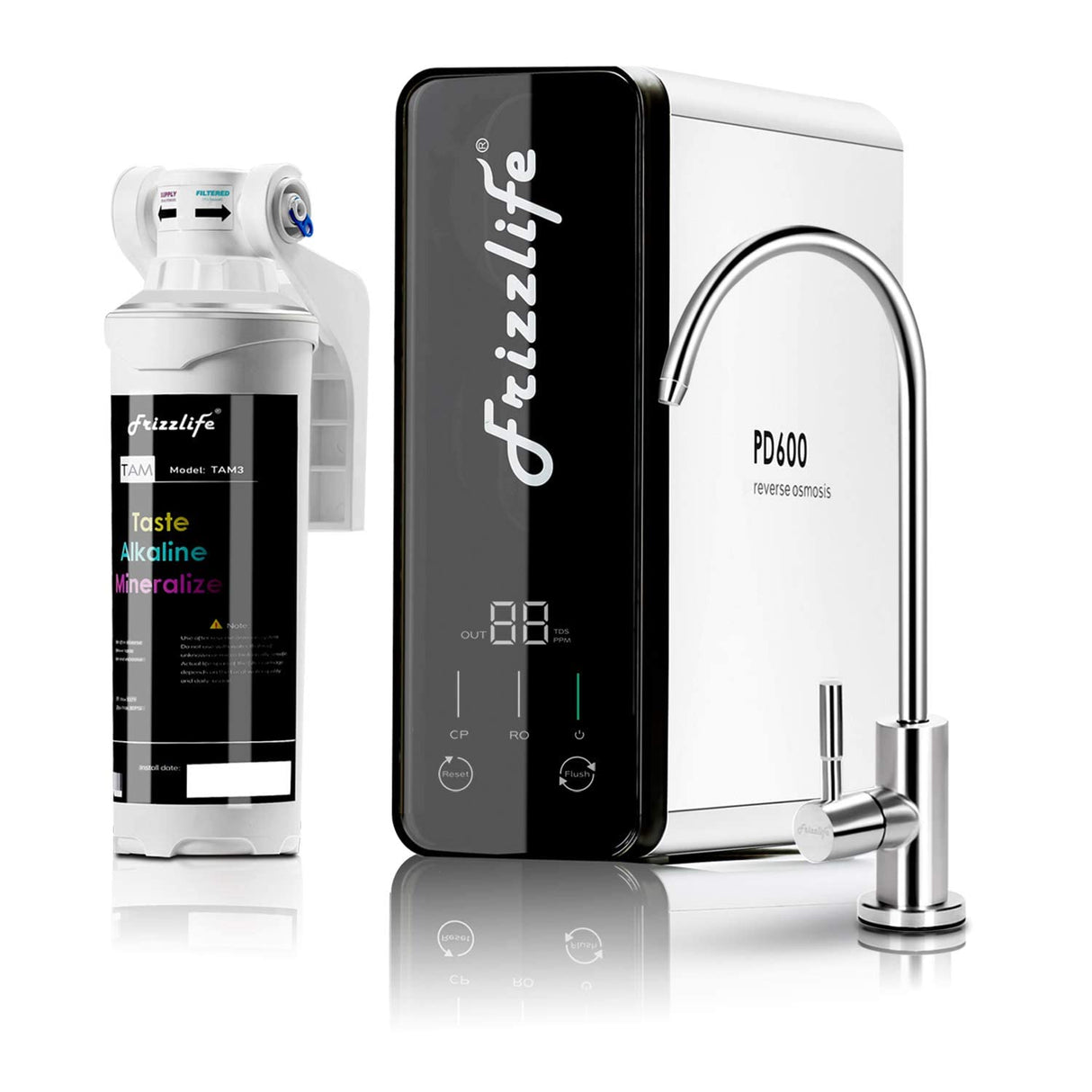 Frizzlife 600 GPD Système d'eau par osmose inverse sans réservoir avec alcaline et reminéralisation, PD600-TAM3 